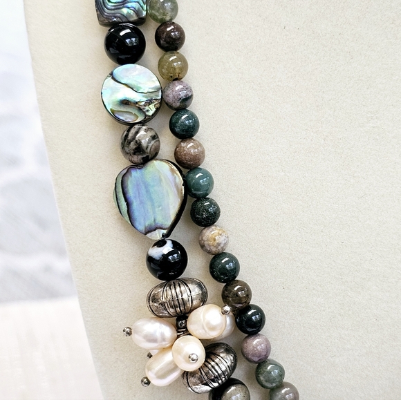 Mother of Pearl Gemstone and Abalone Bead Double-Strand Necklace with Pearls - Picture 7 of 15
